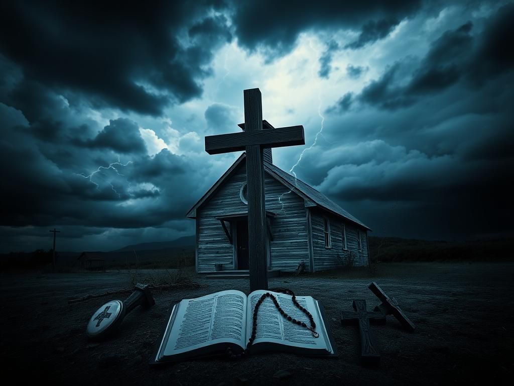 Flick International Dark, moody landscape of a desolate church with an old wooden cross and stormy sky