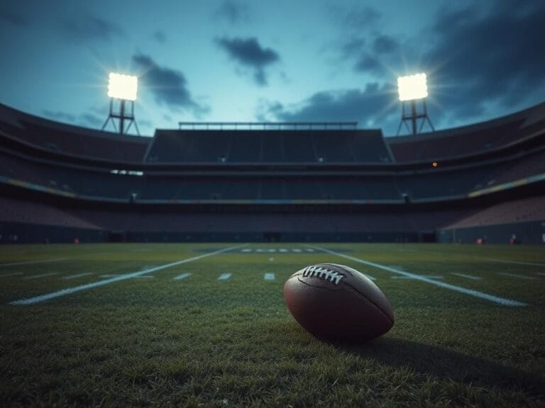 Flick International A somber, empty NFL stadium at twilight with a deflated football in the foreground