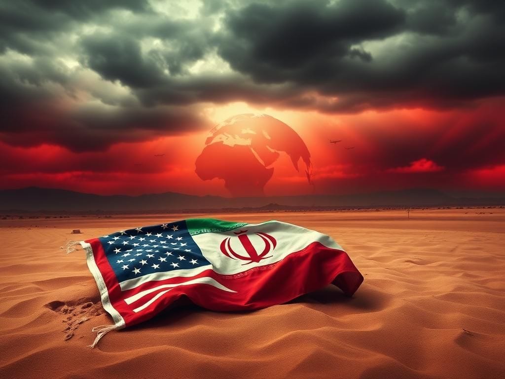 Flick International Overcast sky with a crumpled U.S. flag symbolizing U.S.-Iran tensions