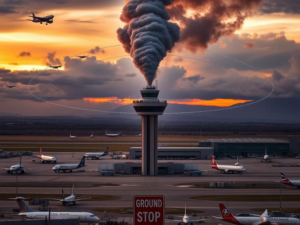 Flick International Aerial view of Albuquerque International Sunport with smoke rising from the control tower during fire alarm incident