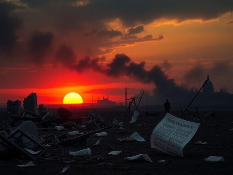 Flick International Desolate landscape showcasing aftermath of military strike in Iran with damaged infrastructure and dark smoke