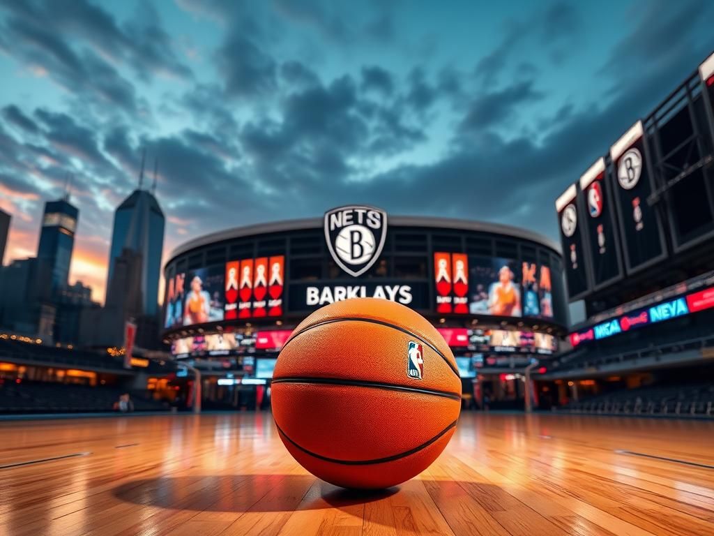Flick International A vibrant Barclays Center arena in Brooklyn adorned with Brooklyn Nets banners and a polished basketball on the floor.