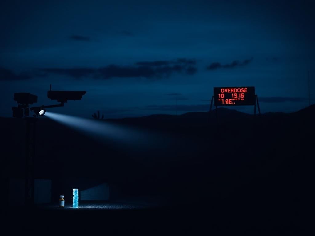 Flick International Border checkpoint at twilight with surveillance equipment and a fortified wall symbolizing drug trafficking security.