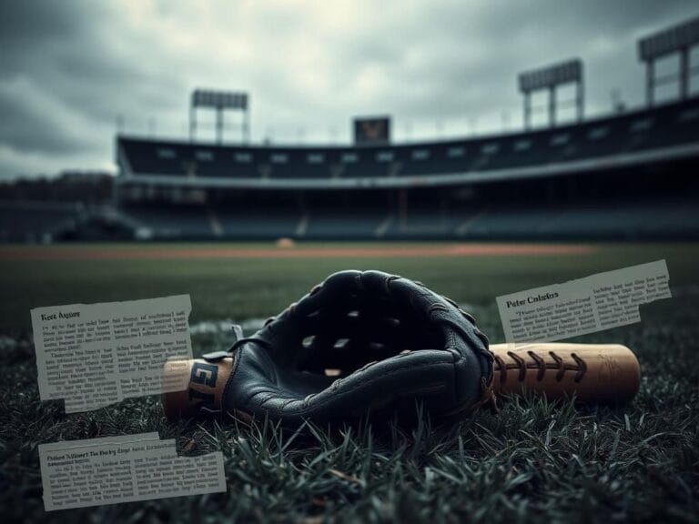 Flick International A somber, dimly lit baseball field with a weathered glove and bat, symbolizing lost potential.