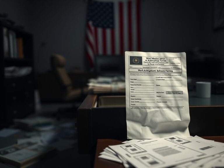 Flick International Darkened office setting with immigration paperwork and stacks of cash