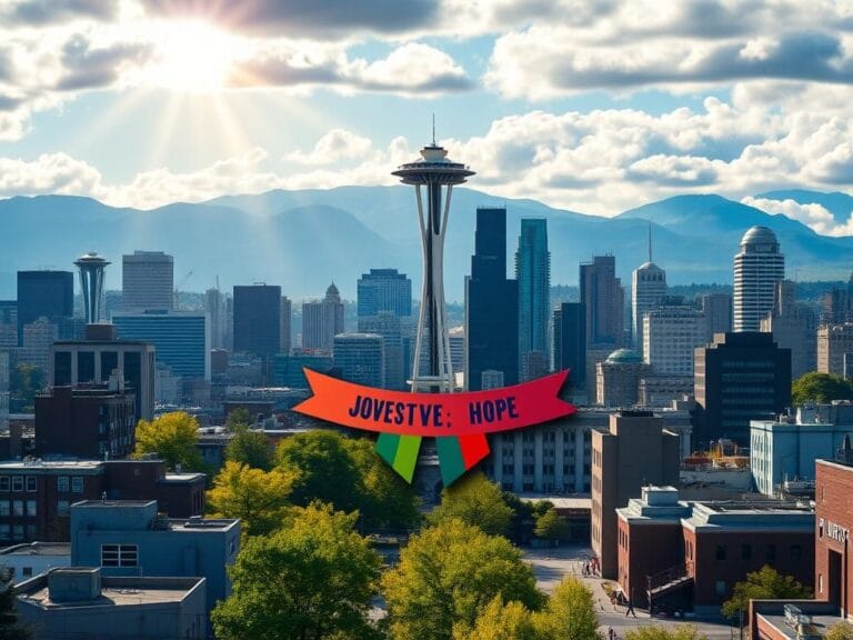 Flick International A vibrant cityscape of Seattle showcasing the Space Needle and protective symbols of community values.