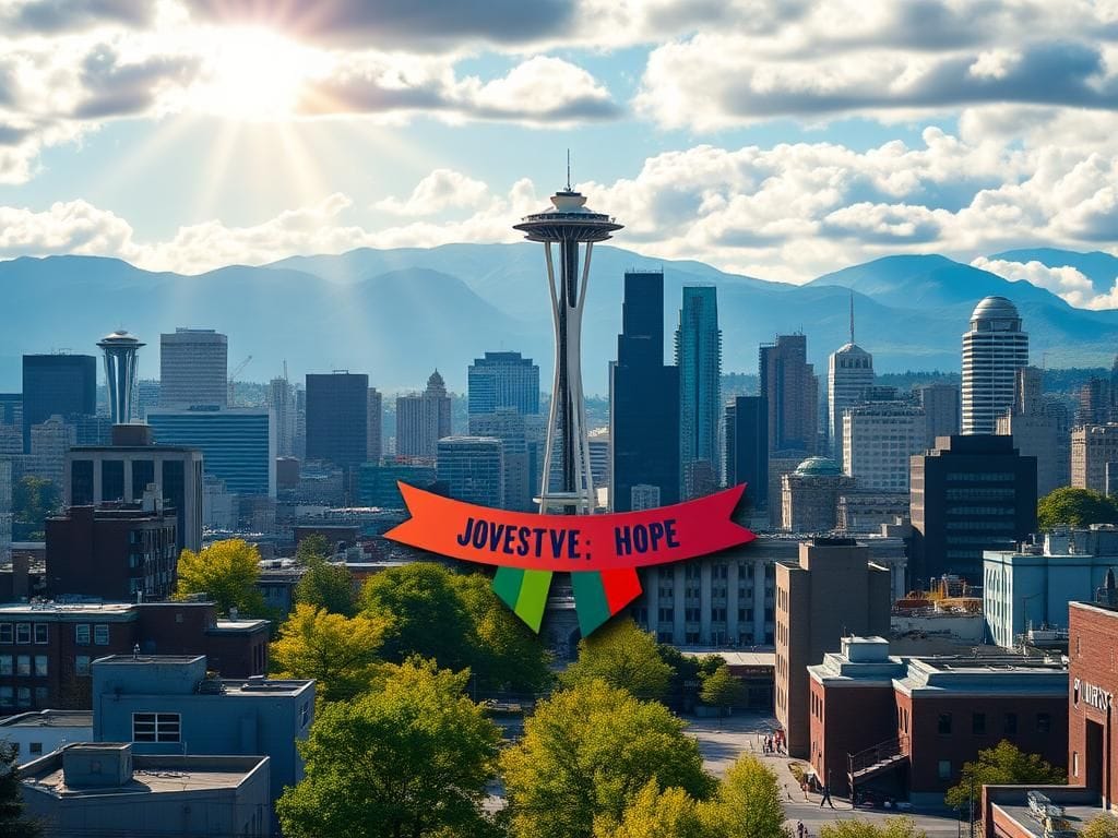 Flick International A vibrant cityscape of Seattle showcasing the Space Needle and protective symbols of community values.