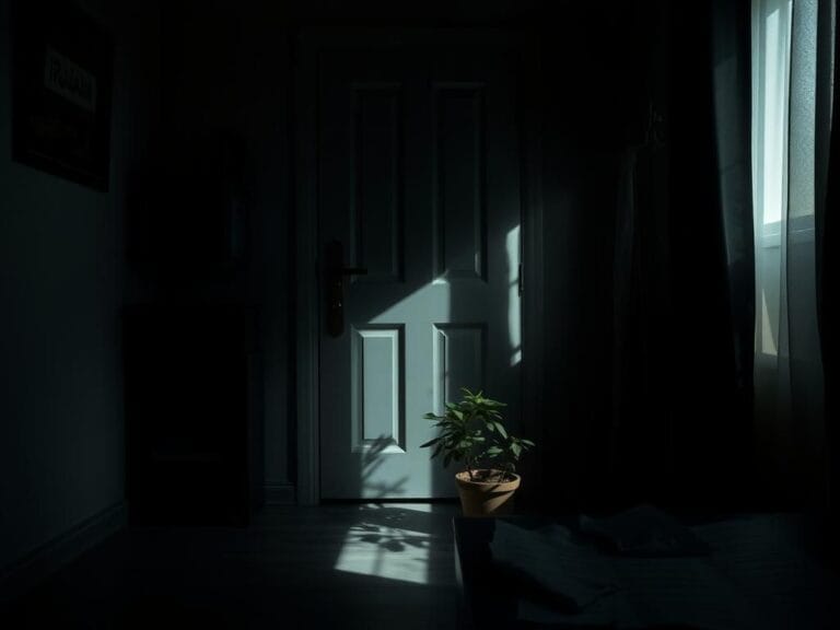 Flick International A somber interior of a modest home with a closed door and Iranian artwork, symbolizing confinement and tension.