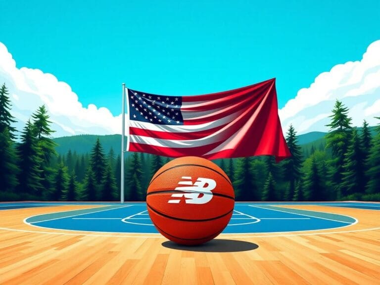 Flick International Vibrant basketball court in Maine featuring lush landscape and American flag