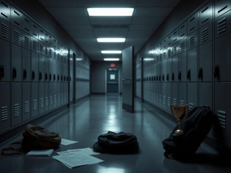 Flick International Empty high school hallway with dim lights and abandoned backpack symbolizing identity fraud