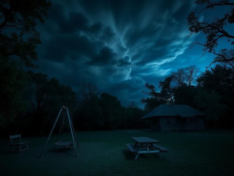 Flick International Dark and eerie twilight scene of a Christian summer camp in Livingston, Texas
