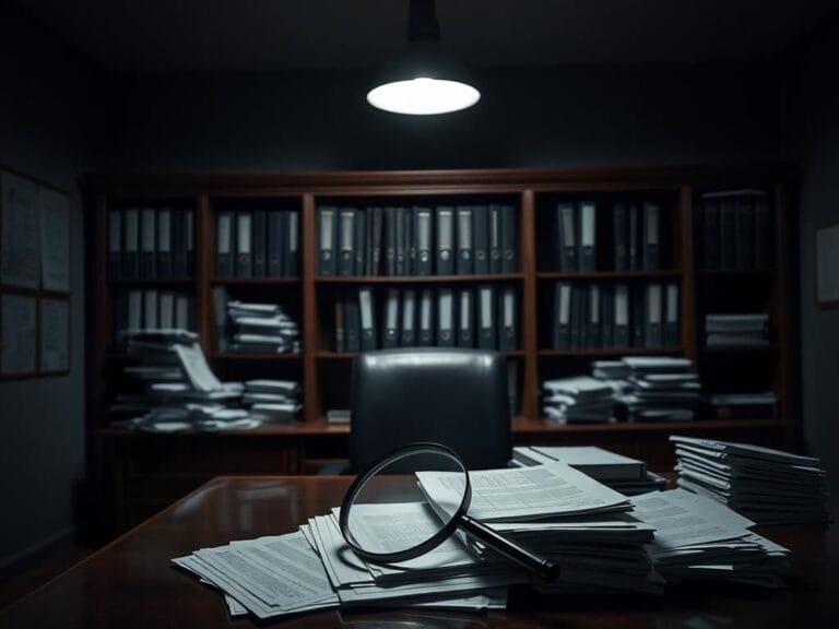 Flick International A cluttered wooden desk in a dimly lit office setting, highlighting audit reports and government contracts.
