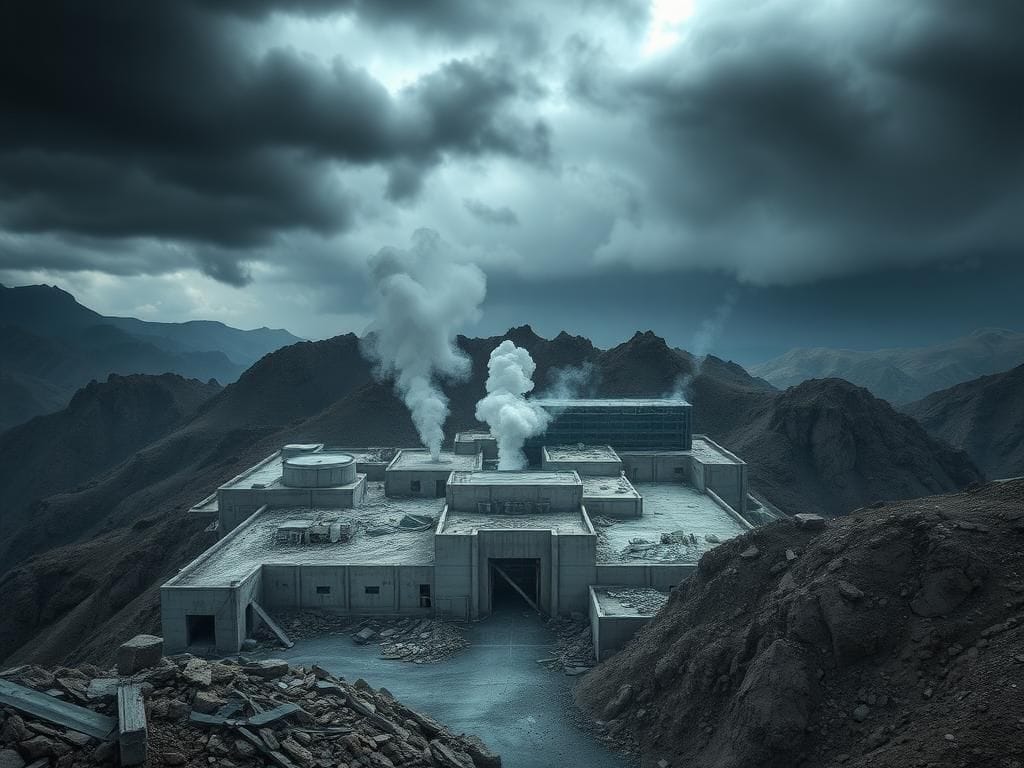 Flick International Aerial view of the Fordow Fuel Enrichment Plant after an airstrike showing destruction and military action.