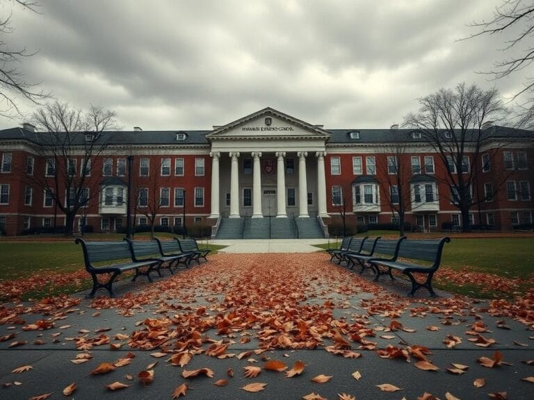 Flick International Empty benches in front of Harvard Kennedy School under overcast skies