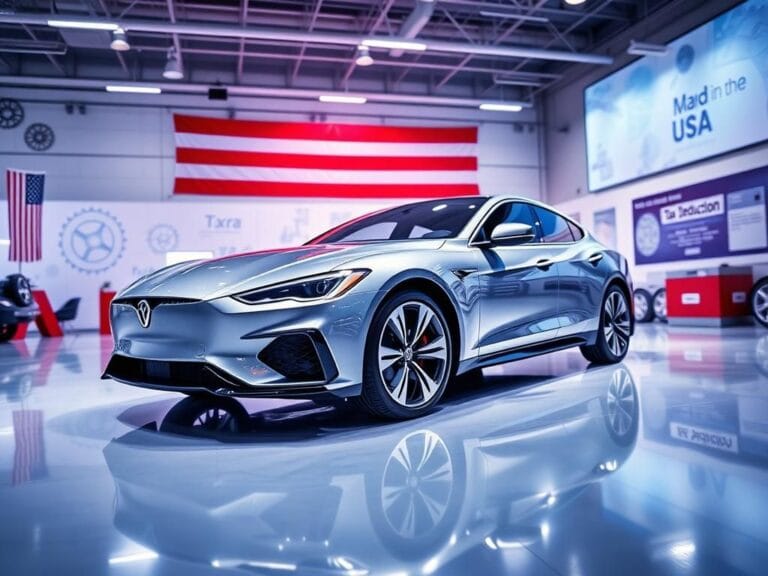 Flick International A sleek, modern American-made vehicle displayed in a well-lit automotive showroom with patriotic colors.