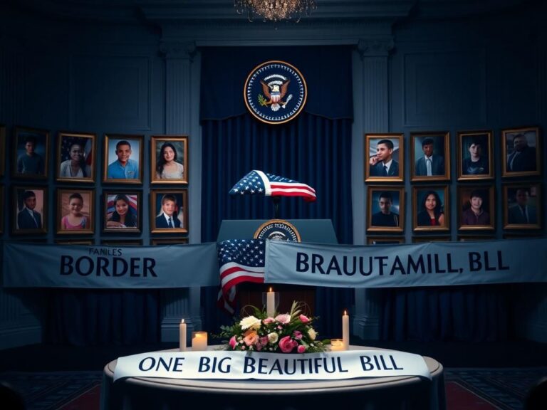 Flick International Empty podium with presidential seal surrounded by photographs of victims of illegal immigration