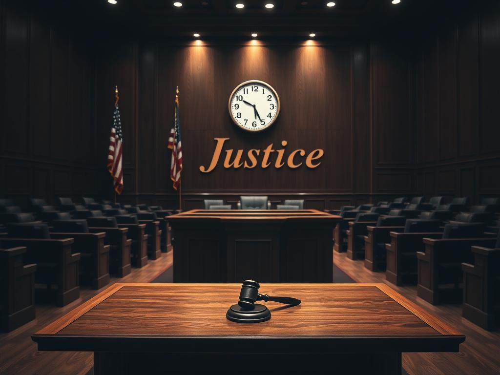 Flick International Somber courtroom scene with an empty judge's bench and polished floor, symbolizing the delayed Bryan Kohberger murder trial