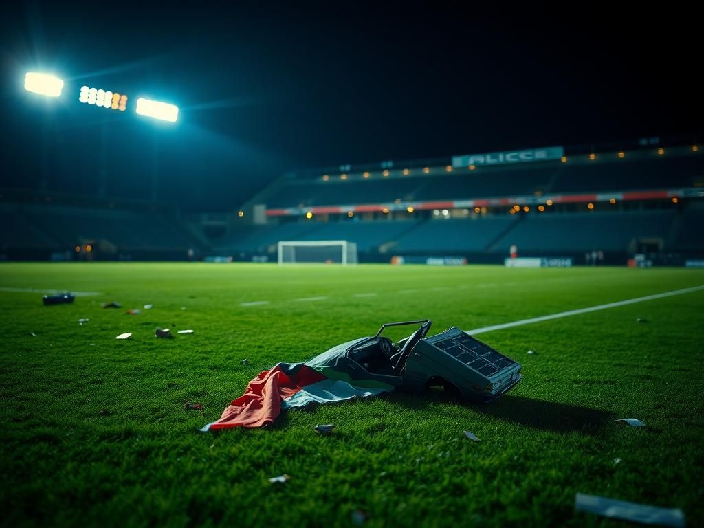 Flick International Empty football field at night with Palestinian flag and debris from halftime show chaos