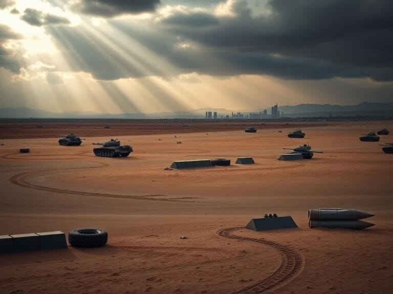 Flick International A dramatic landscape showcasing the aftermath of a ceasefire in a conflict zone with abandoned military equipment