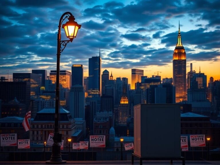 Flick International A vibrant New York City skyline at dusk with a large empty voting booth and campaign posters