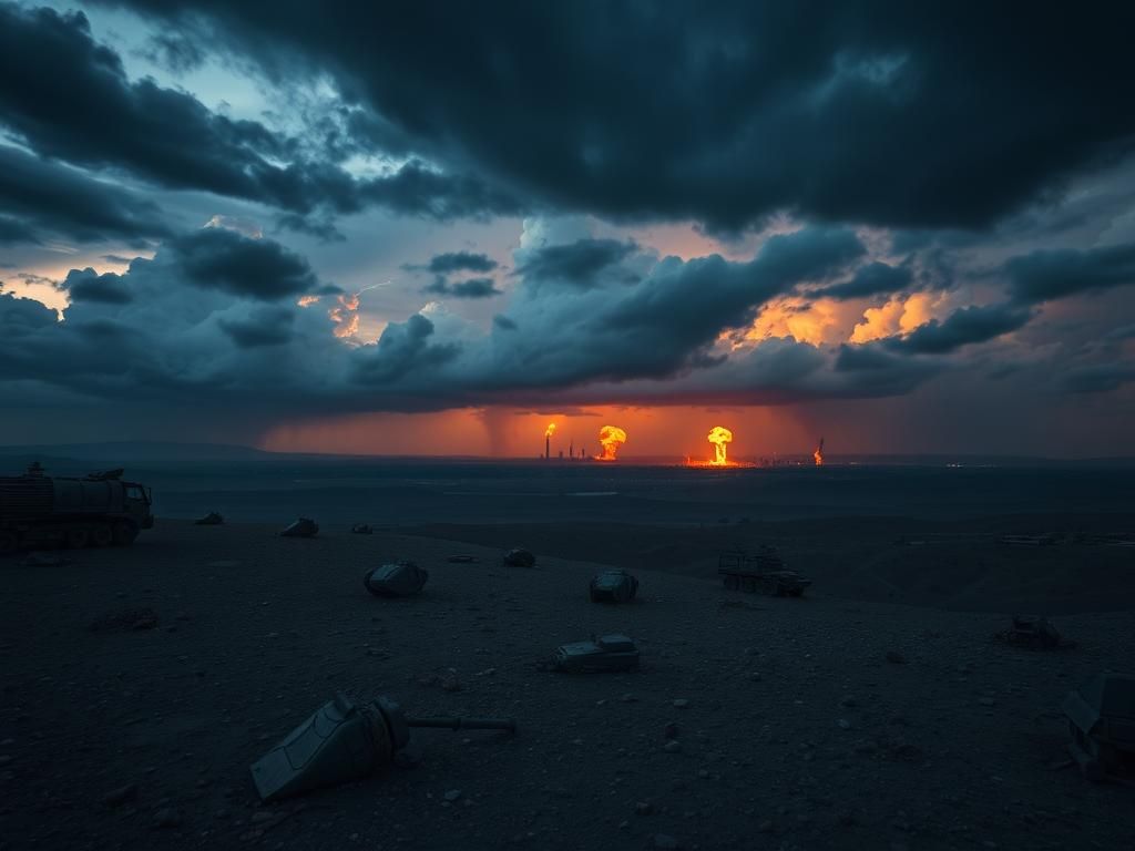 Flick International Aerial view of rugged Iranian landscape with nuclear facilities at dusk