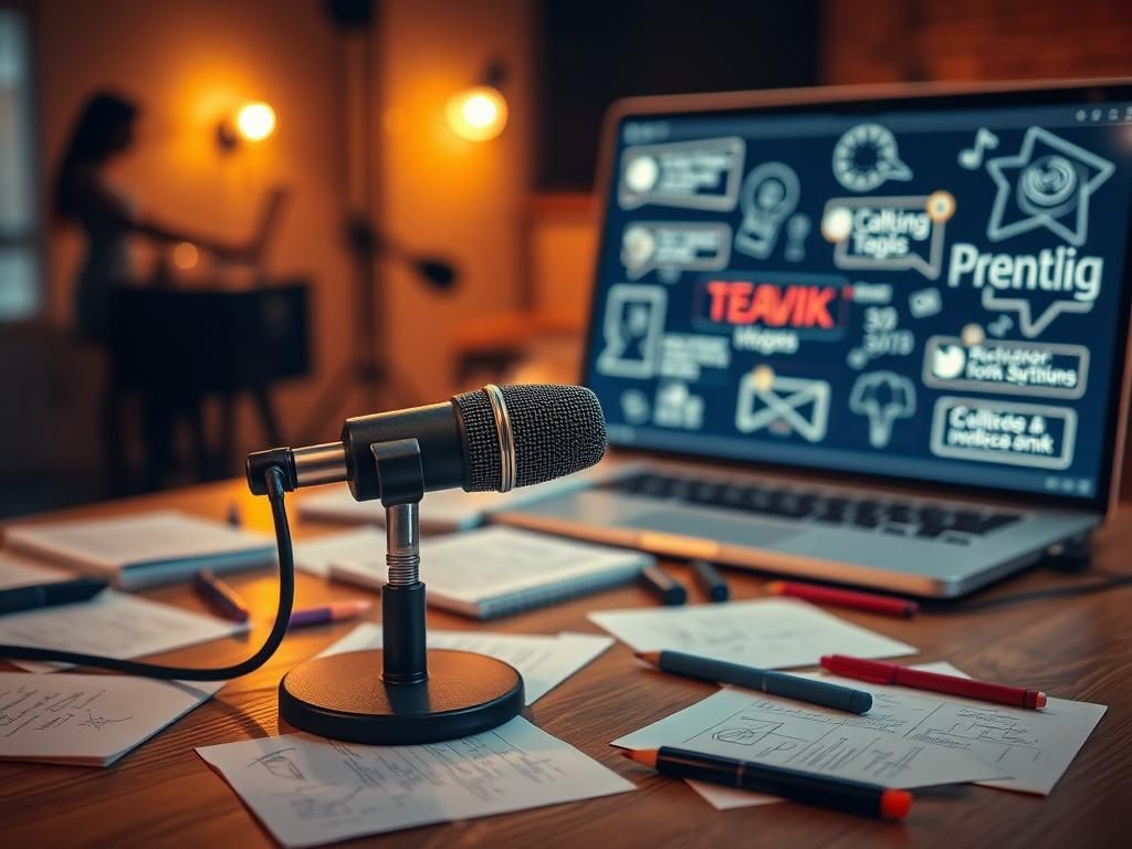 Flick International Close-up of a microphone on a wooden podcast table with scattered notepads and pens