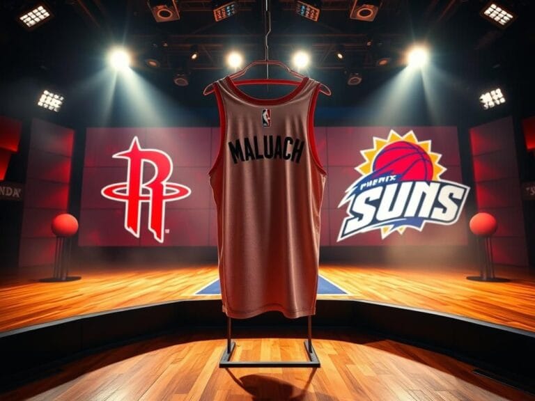 Flick International Empty NBA draft stage illuminated with Houston Rockets and Phoenix Suns logos, featuring a custom jersey with 'Maluach'.