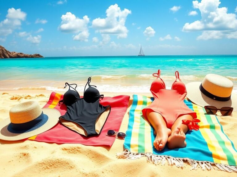 Flick International Black string bikini and coral one-piece swimsuits on a colorful beach towel in Italy