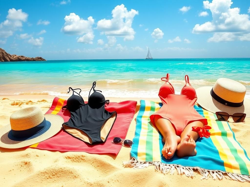 Flick International Black string bikini and coral one-piece swimsuits on a colorful beach towel in Italy