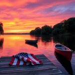Flick International Serene lakeside scene at Lake Grapevine during sunset with American flag on dock