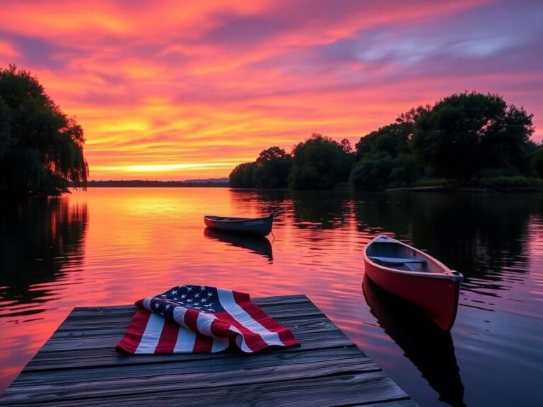 Flick International Serene lakeside scene at Lake Grapevine during sunset with American flag on dock