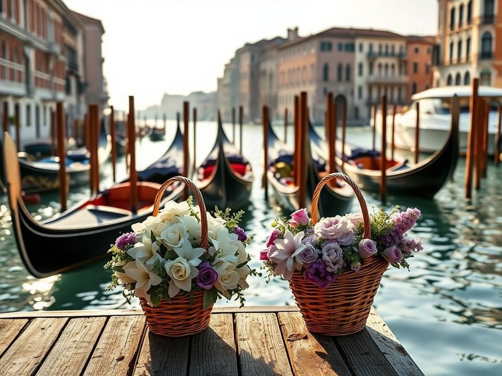 Flick International A romantic view of Venice with ornate gondolas and lush flowers on a rustic dock
