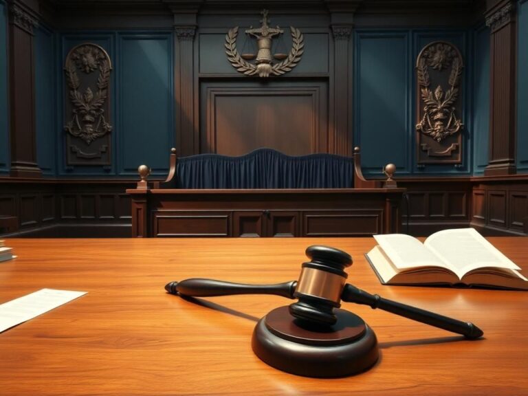 Flick International A grand empty courtroom bench draped in dark fabric signifying judicial authority