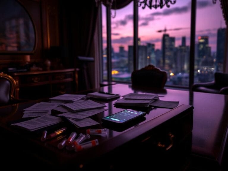 Flick International Dimly lit office depicting secrecy with documents and smartphone hinting at illicit activities