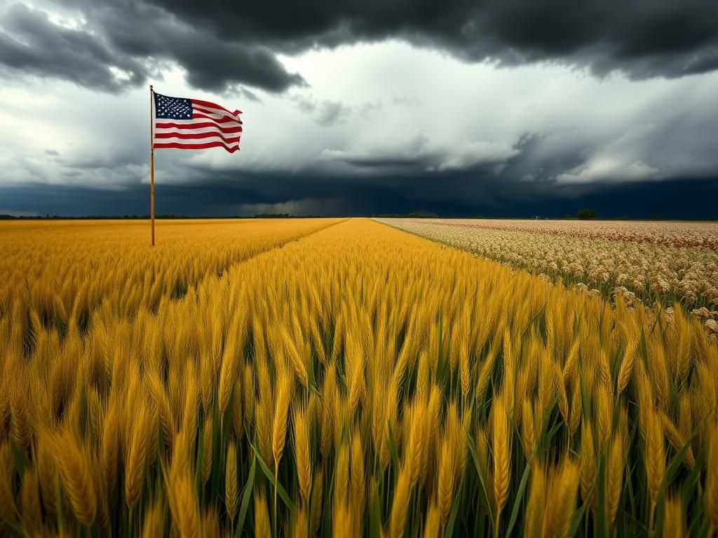 Flick International Vast agricultural landscape with healthy crops transitioning to wilting plants, symbolizing agroterrorism threat