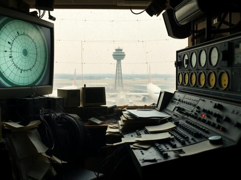 Flick International Close-up view of a cluttered, outdated air traffic control room filled with archaic equipment.