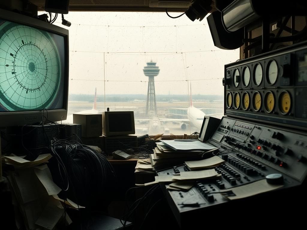 Flick International Close-up view of a cluttered, outdated air traffic control room filled with archaic equipment.