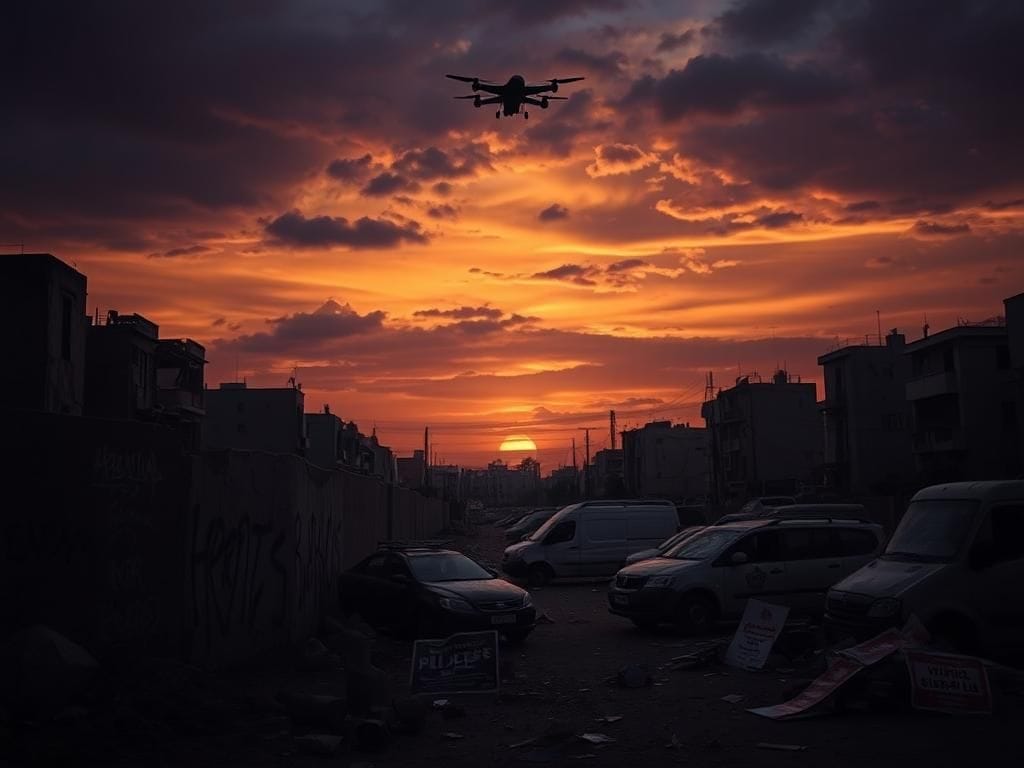 Flick International Moody, dramatic landscape of a desolate urban environment at sunset with crumbling buildings and abandoned vehicles symbolizing past conflicts