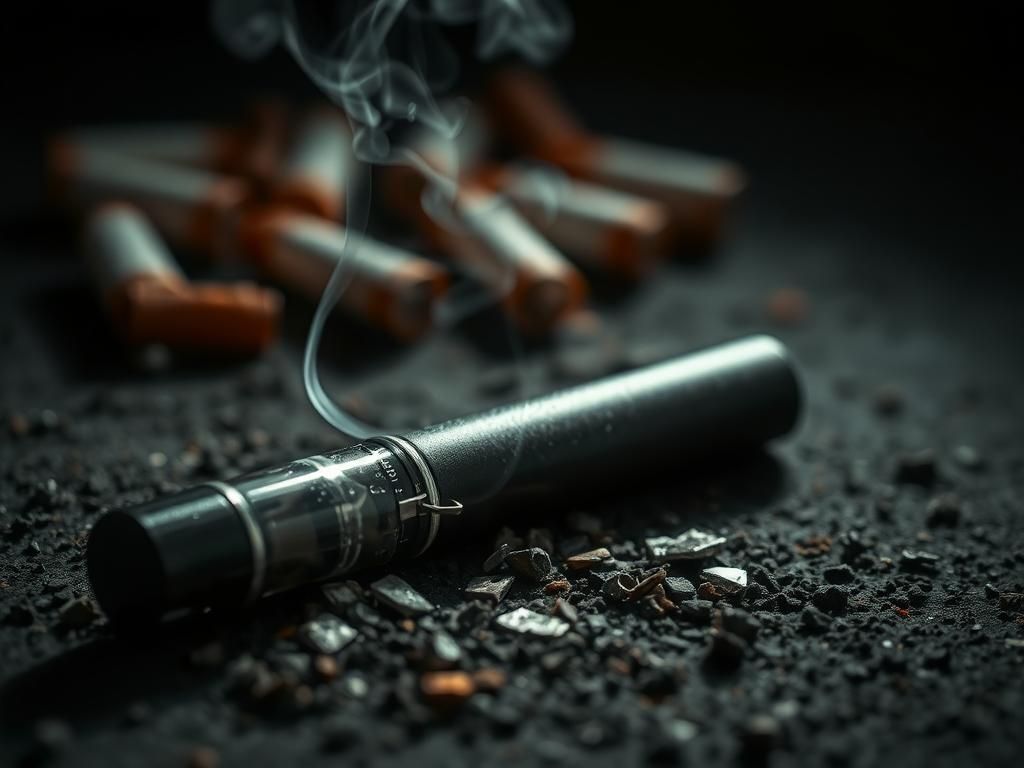 Flick International Close-up of a broken disposable vape pen on a dark surface with metallic shards