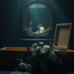 Flick International A beautifully crafted wooden coffin with ethereal light, symbolizing a miraculous moment of revival