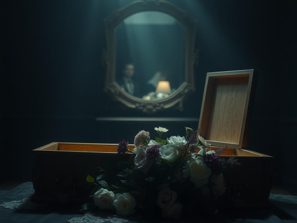 Flick International A beautifully crafted wooden coffin with ethereal light, symbolizing a miraculous moment of revival