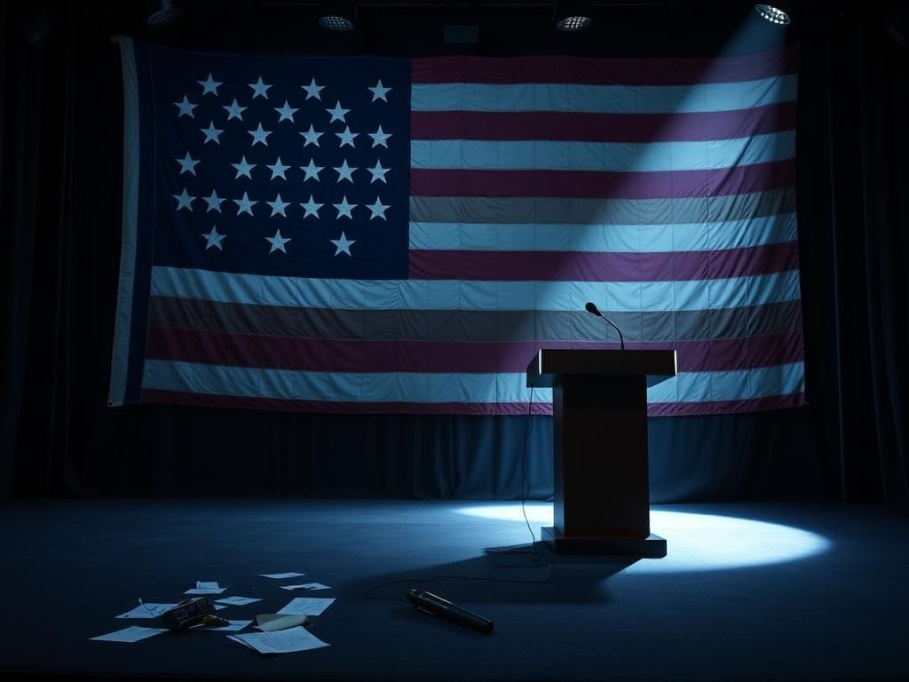 Flick International Empty debate stage with a faded American flag backdrop, symbolizing defeat.