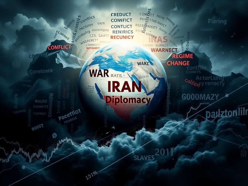 Flick International A dramatic representation of a globe highlighting Iran amidst swirling words representing international conflict and diplomacy.