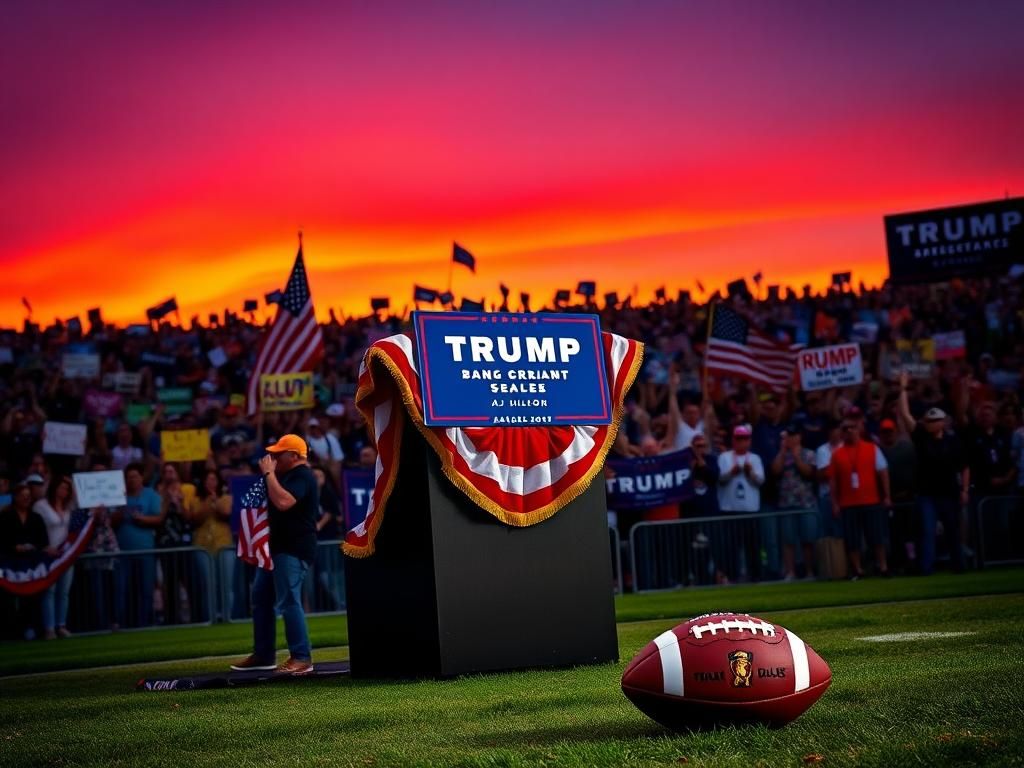 Flick International Outdoor rally scene at sunset with energetic supporters and iconic podium draped in American flags