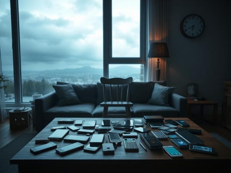 Flick International Dimly lit living room scene depicting a cluttered coffee table with smartphones and social media icons, highlighting the impact of digital connectivity on family dynamics.