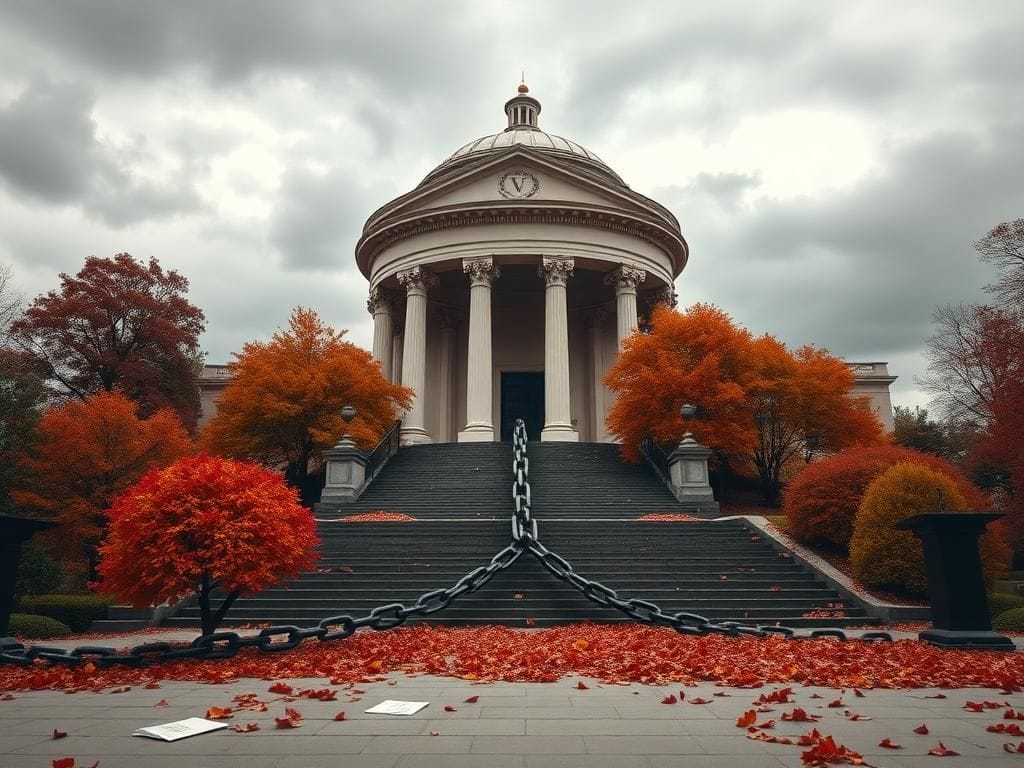 Flick International Dramatic view of the University of Virginia's rotunda surrounded by autumn foliage symbolizing change