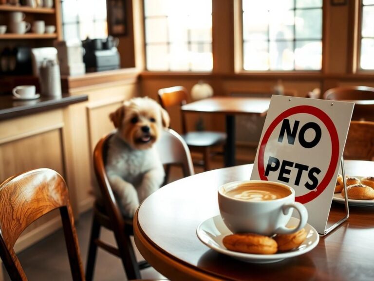 Flick International Small fluffy dog sitting beside a table in a coffee shop marked with a no pets sign