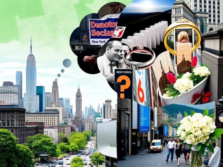 Flick International A vibrant collage depicting New York City with iconic landmarks and wedding symbols