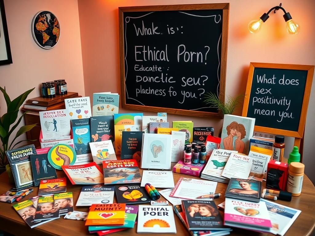 Flick International Vibrant scene of diverse sex-positive educational materials on a table with brochures, flyers, and safer sex supplies.