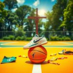 Flick International A vibrant basketball court scene featuring a stylish sneaker displaying a Bible verse
